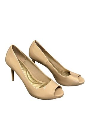 Dexflex Comfort Nude Peep Toe Pumps | Beige Patent Heels Size 7